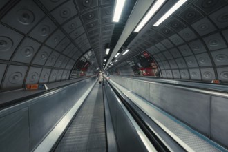 Long subway tunnel with escalator, symmetrical design and modern lighting, London, United Kingdom