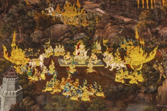 The Grand Royal Palace, Wat Phra Kaeo Buddhist Temple, wall painting on galleries with Buddhist