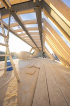 A construction worker works on an incomplete roof truss at sunrise or sunset, carpentry
