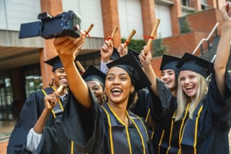 Group of happy diverse university students in graduation caps and gowns celebrating their academic