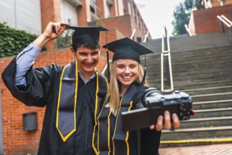 Happy young graduates in caps and gowns recording a joyful graduation day vlog on campus, sharing