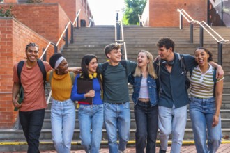 Group of happy young adult students from different ethnic backgrounds walking together on a