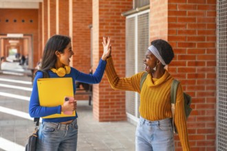 Happy diverse students high fiving at a university campus, celebrating academic achievement and