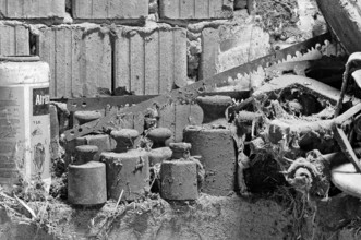 Removed old weights on a hayloft on a former Franconian farm, Bavaria, Germany