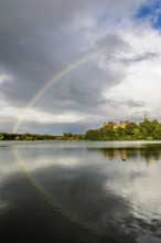 Rainbow over Linlithgow Palace, Linlithgow Loch, West Lothian, Scotland, United Kingdom