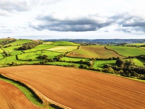 Colours of Devon Farms and Fields over Paignton and Berry Pomeroy from a drone, Totnes, England,