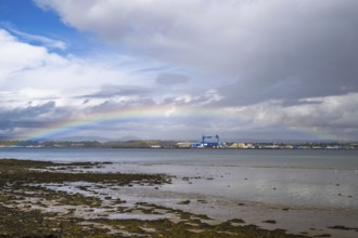 Rainbow over Forth Estuary, Forth Bridge, Queensferry Crossing, Scotland, UK