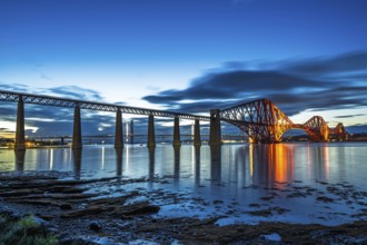 NIGHT over Forth Bridge, Queensferry Crossing, Forth Estuary, Scotland, UK