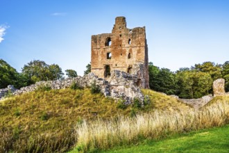 Ruins of Norham Castle and River Tweed, Norham, Northumberland, England, United Kingdom