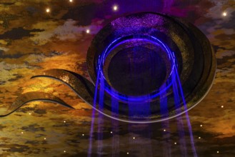 Artificial, brightly lit waterfall, Magic Waterfall, falls from the ceiling of the Iconsiam