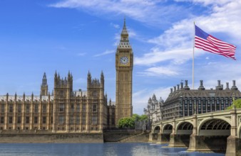 Concept of England being under the US influence with Big Ben Parliament and big american flag