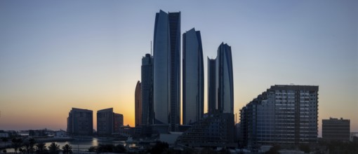 UAE, United Arab Emirates, Abu Dhabi waterfront downtown marina and coastal panorama and skyline