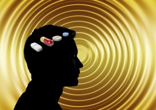 Symbolic image, person, pills, medication, delivery pass, addiction, risk of addiction, doctor,