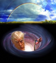 Symbolic image, Trump sinks into a wormhole, rainbow offers hope, polluted states in Europe and EU,