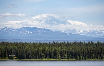 Lake Willow Lake, taiga landscape with high glaciated mountain peak Mount Sanford, Wrangell