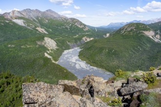 View of impressive mountain landscape with Matanuska River, Lion's Head, Chugach Mountains, Alaska,