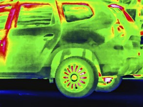 Thermal image or thermography, symbolic photo, interpolated. Car with higher temperatures in the