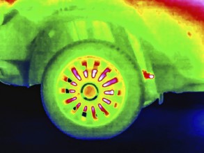Thermal image or thermography, symbolic photo, interpolated. Car with higher pane and brake disc