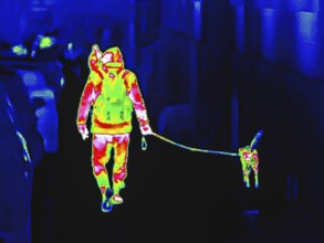 Thermal image or thermography, symbolic photo, interpolated. People traveling with dogs in urban