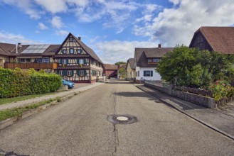 Historic half-timbered house, residential buildings, general development, street, trees, hedge,
