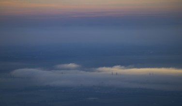 Aerial view of the city of Heidelberg on the Neckar, fog landscape of low-hanging clouds and fog