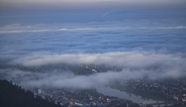 Aerial view of the city of Heidelberg on the Neckar, sea of fog from low-hanging clouds and fog