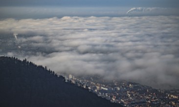 Aerial view of the city of Heidelberg on the Neckar, fog landscape of low-hanging clouds and fog