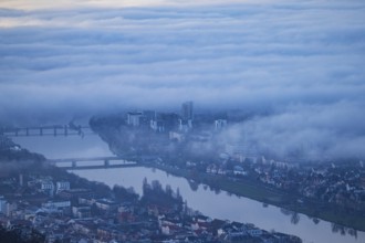 Aerial view of the city of Heidelberg on the Neckar, fog landscape of low-hanging clouds and fog