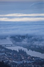 Aerial view of the city of Heidelberg on the Neckar, sea of fog from low-hanging clouds and fog