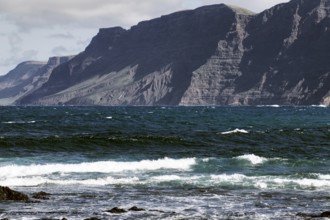Coast with thundering waves and high mountains in the background Risco de Famara) under partly
