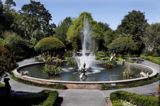 Circular fountain in the middle of a green garden, zero