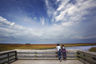Visitors enjoy views of marshland from a jetty on Hunting Island, zero