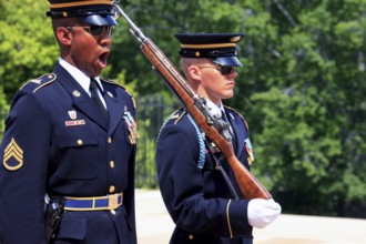 Two soldiers in uniform at a ceremony in Washington D.C, Washington D.C, USA