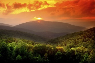 Sunset over Shenandoah National Park, warm colors over wooded hills, Shenandoah National Park,