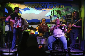 Band playing lively music with accordion and banjo on a colorful stage, New Orleans, Louisiana, USA