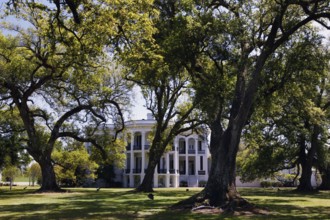 Nottoway Plantation mansion surrounded by mature trees and well-kept garden, zero