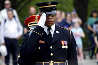 Soldier in uniform salutes during a solemn ceremony, spectator in the background, Washington D.C,