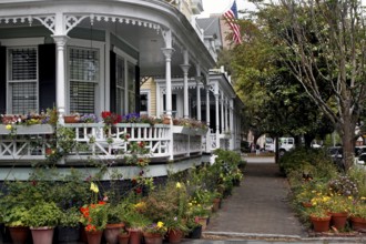 Large veranda of a historic house decorated with lush plants, Savannah, Georgia, USA