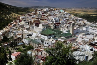 Panoramic view of dense, whitewashed cityscape in hilly area, Moulay Idris, Fès-Meknes, Morocco