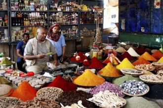 Market scene with colorful spices and vendors in Rissani, Rissani, null, Morocco