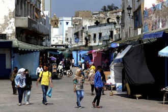 Bustling scene at a market with colorful stalls in the medina of Safi, Safi, Doukkala-Abda, Morocco