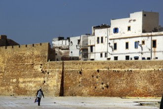 White buildings on an old sandstone fortification in the medina of Safi, Safi, Doukkala-Abda,