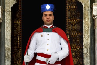 Guard wearing traditional uniform in front of the Hassan Mausoleum in Rabat, Rabat-Salé-Kénitra,