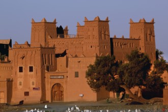 Kasbah Amerhidil in Skoura, surrounded by desert vegetation, showcases impressive traditional
