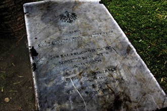German tombstone in Mendoubia Park in Tangier with engraved inscription, Tangier, Morocco