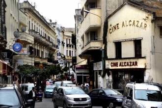 Bustling street scene in the Medina of Tangier with the Alcazar cinema, Tanger, null, Morocco
