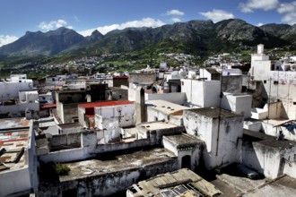 City view of Tetouan with white buildings and mountains in the background, Tetouan, Morocco