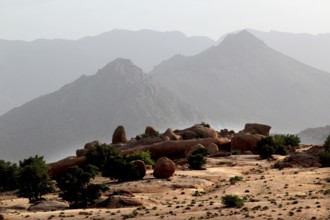 View of the vast, mountainous hinterland of Tafraoute in the distance, Tafraoute, Souss-Massa,
