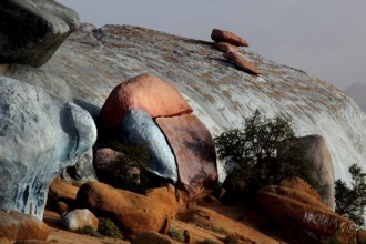 Colored rocks in the dry landscape of Tafraoute, a work by Jean Verame, Tafraoute, Souss-Massa,