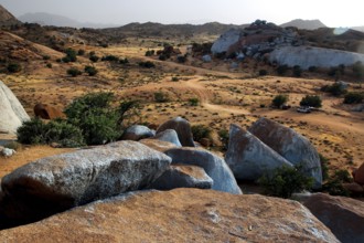Wide desert landscape with painted blue stones by Jean Verame in Tafraoute, Tafraoute, Souss-Massa,